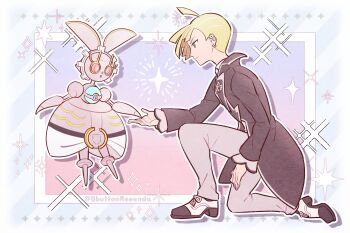 Rule 34 | 1boy, b (bbuttonreeenda), black jacket, blonde hair, commentary, full body, gen 7 pokemon, gladion (pokemon), gladion (sygna suit) (pokemon), green eyes, highres, jacket, legendary pokemon, magearna, magearna (normal), mythical pokemon, nintendo, official alternate costume, on one knee, outline, pokemon, pokemon (creature), pokemon masters ex, sparkle, twitter username, untranslatable commentary, white outline