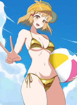 Rule 34 | 1girl, :d, ball, beachball, bikini, blue sky, bob cut, breasts, brown eyes, brown hair, cleavage, cloud, collarbone, day, floating hair, gold bikini, golden week, hair ornament, hairclip, halterneck, highres, holding, holding ball, holding beachball, looking at viewer, mayomaru1, medium breasts, micro bikini, multiple hair clips, navel, open mouth, outdoors, senki zesshou symphogear, short hair, side-tie bikini bottom, sideboob, sky, smile, solo, stomach, swimsuit, tachibana hibiki (symphogear), underboob, upper body, v, visor cap, yellow visor cap