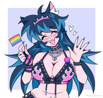 Rule 34 | 1girl, animal ears, belly, bikini, bikini top only, black collar, blue hair, blush, breasts, choker, cleavage, closed eyes, collar, commentary, dog ears, dog girl, dog tail, fang, fangs, fingerless gloves, fingernails, flag, gloves, hairband, head tilt, heart, holding, holding flag, indie virtual youtuber, jewelry, lady beemer, lady beemer (vtuber), large breasts, lgbt pride, long hair, mini flag, navel piercing, open mouth, piercing, pink hairband, rainbow flag, ring, sharp fingernails, single fingerless glove, smile, solo, spiked hairband, spikes, swimsuit, tail, twitter username, waving