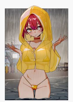 1girl beach bikini blush border breasts choker closed_mouth commentary_request cowboy_shot gold_bikini hair_between_eyes heterochromia highleg highleg_bikini highres hololive hood hood_up houshou_marine jangmaseason korean_commentary large_breasts looking_at_viewer micro_bikini ocean outdoors outside_border rain raincoat red_choker red_eyes red_hair see-through_clothes see-through_raincoat shore smile solo standing string_bikini surfboard swimsuit virtual_youtuber wading water white_border yellow_eyes yellow_raincoat