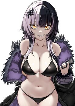 1girl absurdres bikini black_bikini black_hair black_jacket black_nails blunt_bangs breasts cleavage commentary english_commentary fur-trimmed_jacket fur_trim gluteal_fold grey_hair grin hand_up highres hololive hololive_english jacket jacket_partially_removed jewelry large_breasts long_hair looking_at_viewer multicolored_hair nail_polish navel o-ring o-ring_top purple_jacket quilted_jacket raikkonen ring shiori_novella simple_background smile solo split-color_hair stomach swimsuit thigh_gap two-sided_fabric two-sided_jacket virtual_youtuber white_background yellow_eyes