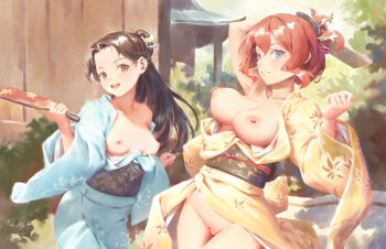 2girls bigrbear black_hair blue_kimono breasts highres japanese_clothes kimono large_breasts looking_at_viewer multiple_girls nipples obi original outdoors pussy red_hair sash short_hair uncensored yellow_kimono