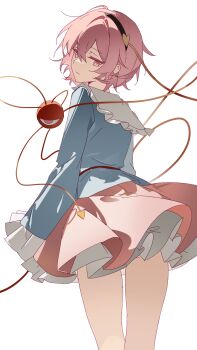 1girl black_hairband blue_shirt buttons closed_mouth commentary expressionless eyeball frilled_shirt_collar frilled_sleeves frills hairband heart_button highres komeiji_satori long_sleeves looking_at_viewer looking_back pink_eyes pink_hair pink_skirt shirt simple_background skirt solo third_eye touhou white_background wide_sleeves wuliwuli909