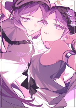 2girls absurdres arm_behind_head arm_up armlet armpits bare_shoulders bracelet breasts commentary_request dress euryale_(fate) fate/grand_order fate_(series) flower frilled_shrug hair_flower hair_ornament hairband hand_up highres jewelry kania long_hair looking_at_viewer multiple_bracelets multiple_girls outside_border parted_hair parted_lips purple_eyes purple_hair shrug_(clothing) sidelocks silver_armlet small_breasts smile stheno_(fate) teeth upper_teeth_only white_dress white_shrug