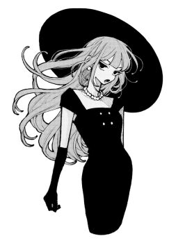 1girl blunt_bangs dress earrings elbow_gloves fall_in_love_you_false_angels gloves greyscale hat highres jewelry katsura_otogi long_hair looking_at_viewer monochrome necklace open_mouth pearl_earrings pearl_necklace simple_background solo uzcoco_66