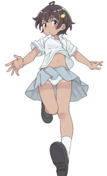 1girl absurdres ahoge bare_legs blush breasts brown_hair dark-skinned_female dark_skin food-themed_hair_ornament grey_shoes grey_skirt hair_ornament highres k-go lemon_hair_ornament looking_at_viewer make_heroine_ga_oo_sugiru! navel open_hands panties purple_eyes running shirt shoes short_hair short_sleeves skirt small_breasts socks solo tan tanline underwear white_background white_panties white_shirt white_socks yakishio_lemon