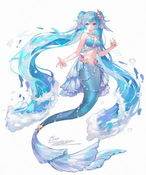 1girl absurdres aqua_eyes aqua_hair bikini commentary_request fish full_body hair_ornament hatsune_miku highres jewelry long_hair looking_at_viewer memory_mie monsterification navel necklace pearl_necklace shell shell_bikini shell_hair_ornament simple_background solo starfish stomach swimsuit tail tail_ornament twintails very_long_hair vocaloid white_background