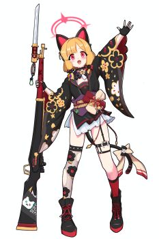 Rule 34 | absurdres, animal ear headphones, animal ears, asymmetrical legwear, bayonet, black gloves, black serafuku, blonde hair, blue archive, bolt action, boots, cat ear headphones, cat ears, cat tail, chestnut mouth, choker, commentary request, cosplay, eyelashes, fake animal ears, fake tail, fingerless gloves, floral print, frilled choker, frilled skirt, frills, full body, garter belt, garter straps, gloves, gun, hair tie, halo, headphones, highres, holding, holding gun, holding weapon, korean commentary, lace-up boots, momoi (blue archive), obi, parted bangs, pink eyes, pink halo, purple sash, qed9020, rifle, sash, school uniform, serafuku, side slit, single thighhigh, skirt, standing, tail, tareme, thigh strap, thighhighs, torn clothes, torn thighhighs, wakamo (blue archive), wakamo (blue archive) (cosplay), weapon, wide sleeves