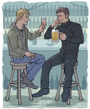 Rule 34 | 2boys, alcohol, arm up, bar (place), bar stool, beer, black footwear, black pants, black shirt, blonde hair, blue pants, border, bottle, brown hair, chris redfield, commentary, crew neck, cup, denim, english commentary, ethan winters, grey hoodie, grin, hand on own thigh, hand to own mouth, highres, holding, holding cup, hood, hood down, hoodie, jeans, kalamari, layered clothes, long sleeves, looking at another, male focus, mug, multiple boys, pants, polaroid photo, resident evil, resident evil village, rosemary winters, shirt, short hair, sideburns, sitting, smile, stool, sweat, sweatdrop, teeth, turtleneck, white border