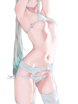 Rule 34 | 1girl, absurdres, armpits, arms up, bra, breasts, colored tips, firefly (honkai: star rail), garter belt, grey hair, head out of frame, highres, honkai: star rail, honkai (series), long hair, medium breasts, multicolored hair, navel, panties, simple background, solo, stomach, tapioca 1022, thighhighs, underwear, underwear only, white background, white bra, white garter belt, white panties, white thighhighs