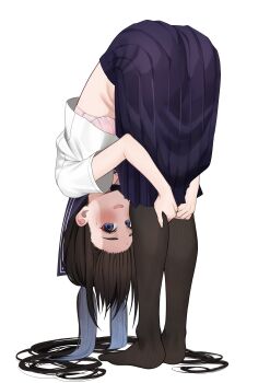 Rule 34 | 1girl, absurdres, bent over, black hair, black pantyhose, blue eyes, blue sailor collar, blue skirt, blush, bra, breasts, colored inner hair, embarrassed, flexible, forward fold, full body, highres, holding own leg, large breasts, legs, long hair, looking at viewer, multicolored hair, no shoes, original, pantyhose, parted lips, pink bra, pleated skirt, sailor collar, school uniform, serafuku, shirt, simple background, skirt, smile, solo, sweat, thighs, twintails, underwear, very long hair, wavy mouth, white background, white serafuku, white shirt, yuya (yuya illust)