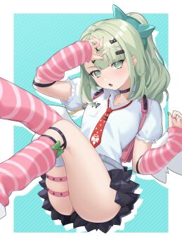 1girl absurdres arm_warmers bag bandaid bandaid_hair_ornament black_skirt blue_background border fur-trimmed_skirt fur_trim green_eyes green_hair green_nails hair_ornament hairclip highres jewelry kirima_(kirim_ld_0617) leg_warmers loli multicolored_nails multiple_hairclips multiple_rings necktie open_mouth pink_arm_warmers pink_bag pink_leg_warmers pink_nails red_necktie ring shirt skirt solo striped_arm_warmers striped_leg_warmers sunna_(zenless_zone_zero) white_border white_shirt white_wings winged_bag wings zenless_zone_zero