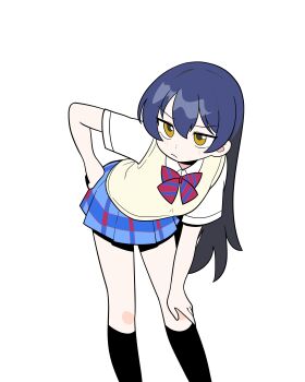 1girl absurdres annoyed black_socks blue_hair bow bowtie dot_nose feet_out_of_frame hair_between_eyes hand_on_own_hip hand_on_own_knee highres jorang_(jorang08) kneehighs leaning_forward long_hair love_live! love_live!_school_idol_project otonokizaka_school_uniform school_uniform socks solo sonoda_umi striped_bow striped_bowtie striped_clothes summer_uniform sweater_vest unamused v-shaped_eyebrows white_background yellow_eyes