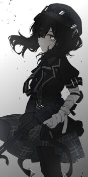 1girl bandaged_arm bandages black_hair black_hat black_pantyhose black_ribbon chinese_commentary closed_mouth commentary_request cowboy_shot dress goggles goggles_on_headwear gradient_background grey_background grey_dress grey_eyes greyscale gun hair_over_one_eye hat highres holding holding_gun holding_weapon inuko_(ink0425) kurobe_nanoka long_hair looking_at_viewer mahou_shoujo_no_majo_saiban monochrome neck_ribbon pantyhose ribbon rifle solo standing twintails weapon
