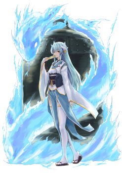 1girl bell black_sandals closed_mouth dragon_girl dragon_horns fate/grand_order fate_(series) fire full_body hair_between_eyes hair_ornament highres holding horns japanese_clothes kimono kiyohime_(fate) long_hair long_sleeves multiple_horns pelvic_curtain sandals smile snake solo thighhighs white_kimono white_thighhighs yellow_eyes zooanime