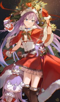 Rule 34 | 1girl, absurdres, animal hood, antlers, arm ribbon, bell, belt, blue choker, blue eyes, blurry, blurry background, boots, bow, brown boots, capelet, chibi, choker, christmas, christmas tree, cleavage cutout, clothing cutout, commentary, detached sleeves, dress, embroidered dress, english commentary, fate/grand order, fate (series), flat chest, fur-trimmed boots, fur-trimmed capelet, fur-trimmed sleeves, fur trim, hair spread out, hat, highres, hood, horns, jiajiayu, knee boots, long hair, looking at object, meltryllis (fate), neck bell, original, outstretched arms, pleated dress, pom pom (clothes), pom pom footwear, purple hair, reaching, red bow, red capelet, red dress, red sleeves, reindeer antlers, reindeer hood, ribbon, santa costume, santa dress, santa hat, single sidelock, sky, snowman on head, solo focus, spread arms, standing, star (sky), star ornament, starry sky, stuffed toy, tree, two-tone dress, white dress