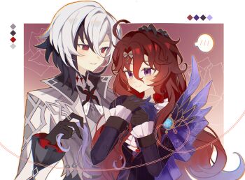 2girls ahoge arlecchino_(genshin_impact) artist_self-insert black_gloves blue_eyes blue_feathers closed_mouth collared_jacket commentary_request commission commissioner_insert couple dress feathers flower formal_clothes frilled_dress frilled_sleeves frills genshin_impact gloves gradient_background gradient_hair grey_hair grey_suit grey_vest hair_between_eyes hair_ornament hand_on_another's_head highres holding_another's_hair huge_ahoge inaterayukiha jacket jewelry leaning_on_person leaning_to_the_side light_blush light_smile long_hair long_sleeves looking_at_another looking_down looking_to_the_side mixed-language_commentary multicolored_hair multiple_girls necklace oc_x_canon open_clothes open_jacket original own_hands_together parted_lips pearl_necklace red_flower red_hair red_pupils red_rose rose spoken_blush standing streaked_hair suit suit_jacket symbol-shaped_pupils vest vision_(genshin_impact) wavy_hair wide_sleeves x-shaped_pupils x_x yuri