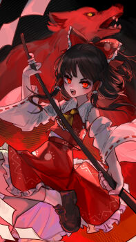 1girl absurdres ascot bow brown_hair brown_shoes commentary_request detached_sleeves fang fangs frilled_bow frilled_hair_tubes frills gohei hair_bow hair_tubes hakurei_reimu highres holding holding_gohei kourou_(kouroukun) leg_up long_hair looking_at_viewer open_mouth paw_print paw_print_pattern possessed possession red_bow red_eyes red_skirt ribbon-trimmed_sleeves ribbon_trim shoes skirt skirt_set socks solo spirit touhou white_socks wily_beast_and_weakest_creature wolf wolf_spirit_(touhou) yellow_ascot