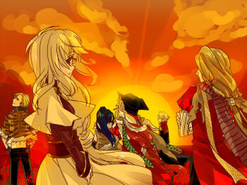 2girls 4boys acolyte_(ragnarok_online) alchemist_(ragnarok_online) blonde_hair brown_cape brown_eyes brown_scarf brown_shirt cape capelet cloud coat commentary_request cowboy_shot from_behind fur-trimmed_shirt fur_trim high_ponytail long_hair looking_at_viewer looking_back minstrel_(ragnarok_online) multiple_boys multiple_girls orange_shirt orange_theme outdoors ponytail priest_(ragnarok_online) ragnarok_online red_coat red_hair rogue_(ragnarok_online) scarf shirt short_hair skirt striped_clothes striped_scarf sun sunset toriria yellow_capelet yellow_skirt