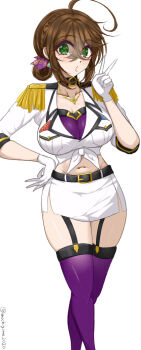 1girl ahoge black_choker blush bra breast_pocket breasts brown_hair chamumi_(mochiumee) choker cleavage commentary_request crop_top crossed_legs epaulettes female_admiral_(kancolle) folded_ponytail garter_belt gloves green_eyes hand_on_own_hip hand_up jacket kantai_collection large_breasts midriff military_jacket miniskirt mole mole_on_breast mole_on_thigh mole_under_mouth navel pencil_skirt pleated_skirt pocket puckered_lips short_sleeves simple_background skirt solo thighhighs tied_jacket underwear v white_background white_gloves white_jacket