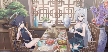 2girls ahoge animal_ear_fluff animal_ears armchair artist_request bare_shoulders black_choker black_dress black_hair black_halo blue_archive blue_eyes bonsai bowl breasts butterfly_hair_ornament chair china_dress chinese_clothes choker cleavage collarbone cup double_bun dragon_print dress dumpling floral_print food grey_hair grey_halo hair_between_eyes hair_bun hair_ornament halo highres holding holding_cup holding_saucer hotpot indoors kisaki_(blue_archive) ladle long_hair meat medium_breasts mismatched_pupils multiple_girls official_art plant potted_plant saucer shiroko_terror_(blue_archive) sidelocks sitting sleeveless sleeveless_dress small_breasts steam steaming_food table teacup textless_version thigh_strap vase wolf_ears x_hair_ornament