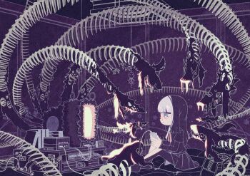 1girl bag blunt_bangs bone cable clock closed_mouth controller expressionless extra_eyes game_console game_controller glasses grey_hair highres holding holding_controller holding_game_controller horror_(theme) indoors long_hair monster neckerchief open_mouth original pillow pink-framed_eyewear pink_eyes playing playing_games plug power_strip red_neckerchief ribs round_eyewear school_uniform screen_light serafuku sharp_teeth sitting skirt solo spine sticker teeth television torn torn_skin uekusa_wataru