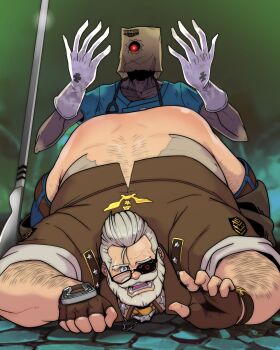 2boys arm_hair bag bara beard bent_over brown_jacket clothes_pull commentary english_commentary facial_hair faust_(guilty_gear) fingerless_gloves gdoubt_(picsontop) glasses gloves glowing glowing_eye goldlewis_dickinson guilty_gear guilty_gear_strive highres imminent_penetration jacket looking_at_another looking_at_ass looking_at_viewer masked medical_scrubs multiple_boys one_eye_closed open_mouth pants pants_pull paper_bag scalpel scared sleeves_rolled_up stethoscope_around_neck swept_bangs torn_clothes white_hair