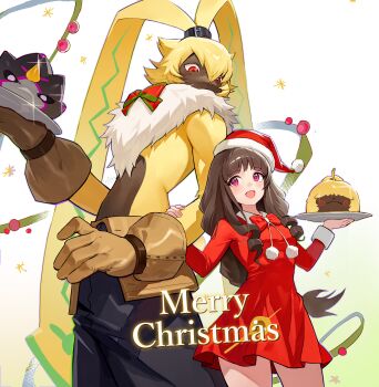 1boy 1girl absurdres angoramon black_pants body_fur brown_eyes brown_gloves brown_hair christmas cowboy_shot digimon digimon_ghost_game dress gloves gulusgammamon hat highres holding holding_tray long_hair muna_1414 pants purple_eyes red_dress red_hat santa_hat symbareangoramon tray tsukiyono_ruli yellow_fur