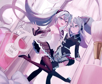 2girls absurdres aqua_eyes aqua_hair aqua_nails aqua_necktie aqua_ribbon aqua_skirt aqua_trim ben-day_dots black_skirt black_thighhighs blush braid breasts collared_shirt commentary_request detached_sleeves fingernails hair_between_eyes hair_ornament hatsune_miku hatsune_miku_(if) hatsune_miku_(nt) hatsune_miku_happy_16th_birthday_-dear_creators- headset highres kina_co layered_sleeves long_hair long_sleeves looking_at_viewer medium_breasts multiple_girls musical_note musical_staff nail_polish necktie official_alternate_costume open_mouth piapro_studio pleated_skirt ponytail ribbon screentones see-through_clothes see-through_sleeves shirt skirt sleeveless sleeveless_shirt smile solo standing standing_on_one_leg thighhighs twintails very_long_hair vocaloid white_shirt