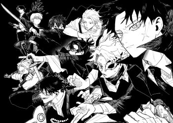 1girl 6+boys azami azami_soushirou black_hair braid coat earrings enten_(sword) facial_scar glasses greyscale hagiwara_ikuto highres hokuto_(kagurabachi) holding holding_sword holding_weapon jacket jewelry kagurabachi katana kugara_hajime long_sleeves male_focus mask monochrome multiple_boys natsuki_misaka njpanic rokuhira_chihiro sazanami_hakuri scar scar_on_cheek scar_on_face shiba_tougo shirakai_kiri short_hair stud_earrings sword tobimune_(sword) uruha_youji weapon