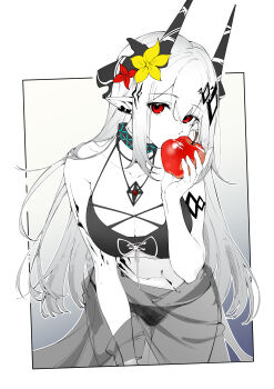 1girl absurdres apple arknights arm_up armpit_crease bikini black_bikini black_horns breasts cleavage collarbone commentary_request cowboy_shot ear_piercing eating flower food fruit grey_hair hair_flower hair_ornament halterneck highres holding holding_food holding_fruit horns infection_monitor_(arknights) jewelry large_breasts leaning_forward long_hair looking_at_viewer material_growth mudrock_(arknights) mudrock_(silent_night)_(arknights) navel necklace oripathy_lesion_(arknights) partially_colored piercing pointy_ears red_eyes red_flower sarong scar scar_on_neck shio_sakana sidelocks solo stomach swimsuit white_background yellow_flower