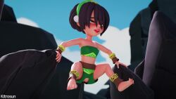 1girl 3d animated anklet artist_name avatar:_the_last_airbender avatar_legends bare_shoulders barefoot black_hair bracelet breasts cliff clothing_cutout cloud covered_erect_nipples crotch_cutout feet female_focus green_eyes green_hairband hair_between_eyes hairband highres jewelry kitrosun lips loli looping_animation midriff object_insertion outdoors pom_pom_(clothes) pussy rock short_hair sky small_breasts sound spread_legs stomach stomach_bulge strapless teeth thighs toes tongue tongue_out toph_beifong tube_top uncensored vaginal vaginal_object_insertion video