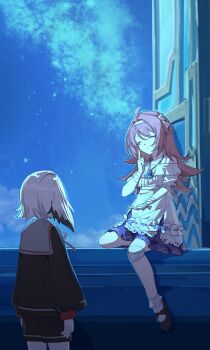 2girls arlecchino_(genshin_impact) bandage_on_knee bandaged_wrist bandages bandaid bandaid_on_face black_hair black_shirt black_shoes black_shorts clervie_(genshin_impact) closed_eyes closed_mouth commentary dress english_commentary genshin_impact hairband highres index_finger_raised jewelry long_hair long_sleeves multicolored_hair multiple_girls necklace night open_window pendant peruere_(genshin_impact) pink_hair shirt shoes short_hair shorts sitting sky smile socks standing star_(sky) starry_sky streaked_hair twitter_username white_dress white_hair white_socks window yiyiyiyi670