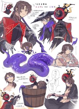 1boy 1other :3 absurdres ahoge black_shirt brown_hair bucket cape chinese_clothes chinese_text clock dante_(limbus_company) dngrumauma glasses gregor_(project_moon) hat heishou_pack-si_branch_(identity)_(project_moon) highres jingasa lamia_boy limbus_company low_ponytail mandarin_collar monster_boy object_head parted_bangs ponytail project_moon purple_eyes purple_scarf red_cape scarf shirt simple_background translation_request white_background wooden_bucket