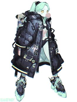 1girl artificial_eye bikini black_bikini black_jacket blank_stare bra chewing_gum colored_skin commentary cyberpunk_(series) cyberpunk:_edgerunners cyborg dog full_body green_hair hood jacket l1m3candy looking_at_viewer mechanical_eye oversized_clothes oversized_jacket patch pocket print_shirt pug rebecca_(cyberpunk) shirt shoes sneakers stomach_tattoo streetwear swimsuit tattoo techwear twintails underwear urban white_background