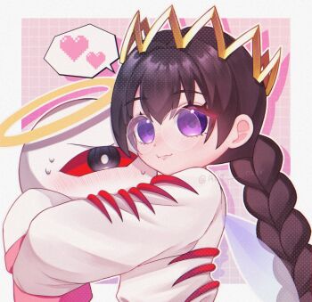 Rule 34 | 1girl, alt 0218, artist name, black hair, blush, braid, fairy, fairy wings, glasses, heart, highres, hug, kirby (series), kirby 64, long hair, low twin braids, nintendo, one-eyed, purple eyes, red eyes, ripple star queen, sleeves past fingers, sleeves past wrists, smile, sweatdrop, twin braids, wings, zero two (kirby)