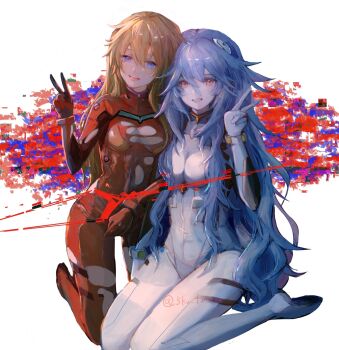 2girls 5ku_futsuu ayanami_rei blue_eyes blue_hair bodysuit bolt_(hardware) breasts commentary evangelion:_3.0+1.0_thrice_upon_a_time fangs full_body glitch hair_between_eyes hand_up headset highres interface_headset_(evangelion) long_hair looking_at_viewer mecha_pilot_suit multiple_girls neon_genesis_evangelion number_print official_alternate_hairstyle open_mouth orange_hair pink_eyes plugsuit_(evangelion) rebuild_of_evangelion red_bodysuit sidelocks sitting small_breasts smile souryuu_asuka_langley string string_of_fate teeth tongue torn_bodysuit torn_clothes v very_long_hair wariza wavy_hair white_background white_bodysuit