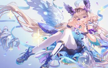 1girl :d absurdly_long_hair absurdres ahoge bag bird_tail blonde_hair blush bow breasts detached_sleeves dzrzpuna2tcxcu3 enna_alouette enna_alouette_(1st_costume) hair_bow handbag head_wings heart heart_hands highres hood hood_down long_hair looking_at_viewer low_twintails low_wings nijisanji nijisanji_en open_mouth pantyhose purple_eyes small_breasts smile solo sparkle tail twintails very_long_hair virtual_youtuber white_pantyhose wings