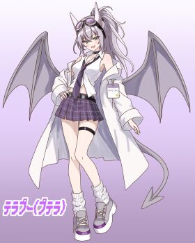 1girl :d aerodactyl animal_ears arm_at_side armpits bare_shoulders belt black_belt black_choker blush breasts choker cleavage coat coat_partially_removed collarbone collared_shirt commentary_request crossed_bangs eyewear_on_head full_body gen_1_pokemon goggles goggles_on_head gradient_background green_eyes grey_hair grey_shoes hair_between_eyes hand_on_own_hip head_tilt high_ponytail highres horns id_card lab_coat long_hair long_sleeves looking_at_viewer loose_necktie loose_socks medium_breasts midriff miniskirt navel necktie nintendo open_clothes open_coat open_mouth oversized_coat plaid_clothes plaid_skirt pleated_skirt pokemon pokemon_(creature) ponytail purple_background purple_necktie purple_skirt ribbed_socks shirt shoes sidelocks skindentation skirt sleeveless sleeveless_shirt smile socks solo standing standing_on_one_leg tail teeth thigh_strap tsurime upper_teeth_only white_coat white_shirt white_socks wings yomotukaduki