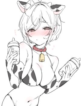 1girl animal_ears animal_print bell bikini blush breasts collar commentary cow_ears cow_print cow_print_bikini cow_print_gloves cowbell elbow_gloves gloves grey_hair half-closed_eyes highres large_breasts navel original paragasu_(parags112) parted_bangs print_bikini print_gloves short_hair simple_background sketch solo swimsuit symbol-only_commentary upper_body