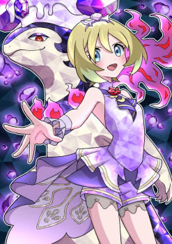 1girl blonde_hair blush breasts closed_mouth dress fire flower hair_between_eyes headband highres hisuian_typhlosion irida_(anniversary_2025)_(pokemon) irida_(pokemon) looking_at_viewer neckerchief nintendo official_alternate_costume open_mouth pink_fire pokemon pokemon_(creature) pokemon_masters_ex purple_dress purple_fire purple_fur purple_headband purple_neckerchief purple_shorts purple_wrist_cuffs red_eyes short_hair shorts shorts_under_dress skull_and_crossbones sleeveless sleeveless_dress smile terastallization wrist_cuffs yuu_(jgvj7873)