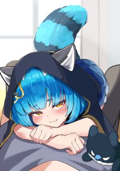 1girl animal_ears blue_hair blush chromashift closed_mouth commentary english_commentary eyelashes fandit_(poko_rakun) fang hair_ornament hetima0112 highres hood hood_up indoors leaf_hair_ornament on_lap poko_rakun pov raccoon_ears raccoon_girl raccoon_tail second-party_source skin_fang smile tail virtual_youtuber yellow_eyes