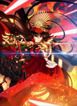 >:) 1girl aora armor armored_boots artist_name bad_id bad_twitter_id belt black_hair boots cape crest family_crest fate_(series) floating_hair foreshortening from_side glint grin gun hair_over_one_eye hair_spread_out handgun hat highres holding holding_gun holding_weapon japanese_clothes katana koha-ace long_hair looking_at_viewer looking_to_the_side military military_uniform oda_nobunaga_(fate) oda_nobunaga_(koha-ace) oda_uri parody peaked_cap red_eyes revision sageo sheath sheathed skull smile solo style_parody swept_bangs sword takeuchi_takashi_(style) v-shaped_eyebrows very_long_hair weapon