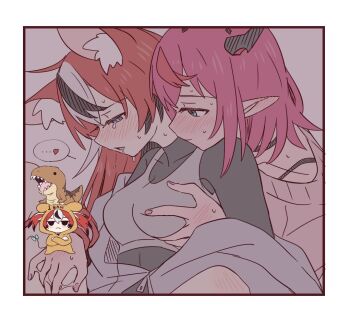 2girls after_fingering animal_ear_fluff animal_ears black_choker black_shirt black_streaks blue_eyes blush bra choker commentary cross-shaped_pupils dinosaur grabbing_another&#039;s_breast grabbing_from_behind grey_bra groping hakos_baelz heart hololive horns irys_(casualrys)_(hololive) irys_(hololive) long_hair mouse_ears multiple_girls pink_hair pointy_ears pussy_juice pussy_juice_on_fingers ramphastostella red_hair shirt spoken_heart sweat symbol-only_commentary symbol-shaped_pupils tears underwear virtual_youtuber white_streaks yuri
