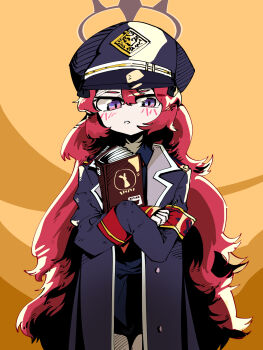 1girl :o armband black_hat blue_archive blue_shirt blush book coat collared_shirt fluffy_hair geonbanmaen halo hat highres holding holding_book iroha_(blue_archive) long_hair looking_at_viewer peaked_cap purple_eyes red_hair shirt sleeves_past_fingers sleeves_past_wrists solo standing straight-on very_long_hair