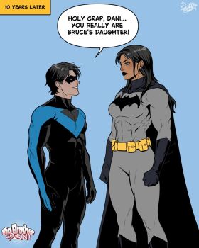 batman batman_(series) batman_symbol belt black_hair blue_eyes bodysuit breasts damian_wayne dc_comics dick_grayson domino_mask eye_mask genderswap genderswap_(mtf) gloves grey_bodysuit highres large_breasts long_hair long_sleeves mask multicolored_bodysuit nightwing open_mouth short_hair superhero_costume sydney_lee_00 taut_bodysuit taut_clothes two-tone_bodysuit utility_belt western_comics_(style)
