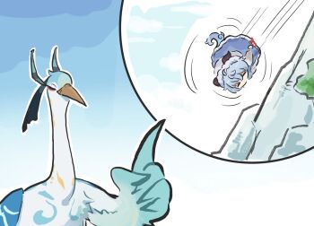 1girl aged_down bird blue_hair closed_eyes cloud_retainer_(genshin_impact) ganyu_(genshin_impact) ganyu_(young)_(genshin_impact) genshin_impact goat_horns highres horns rolling xianyun_(genshin_impact) xinzoruo