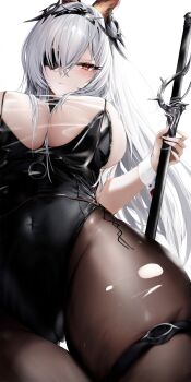 1girl animal_ears arm_strap azur_lane breast_curtain breasts commentary_request eyepatch fritz_rumey_(azur_lane) fritz_rumey_(schwarzes_kaninchen)_(azur_lane) grey_hair highres huge_breasts long_hair official_alternate_costume pavi playboy_bunny red_eyes revision see-through_breast_curtain see-through_clothes very_long_hair white_hair white_wrist_cuffs wrist_cuffs