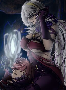 1boy 1girl absurdres blonde_streaks breasts brown_hair code_vein cross_scar dress eva_roux flower from_side gloves hair_between_eyes highres lap_pillow large_breasts purple_flower purple_gloves purple_rose red_dress rose scar scar_on_arm scar_on_face torn_clothes torn_dress tylergreen white_hair