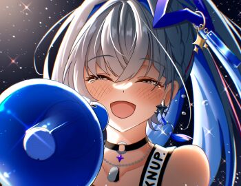 1girl absurdres akagawashake amane_kanata amane_kanata_(lock_on) black_choker black_sports_bra blue_hair blue_halo blush choker collarbone earrings facing_viewer grey_hair hair_between_eyes halo highres hololive jewelry long_hair megaphone multicolored_hair o-ring o-ring_choker official_alternate_costume official_alternate_hairstyle open_mouth pink_hair ponytail smile solo sports_bra star_halo tilted_halo very_long_hair virtual_youtuber